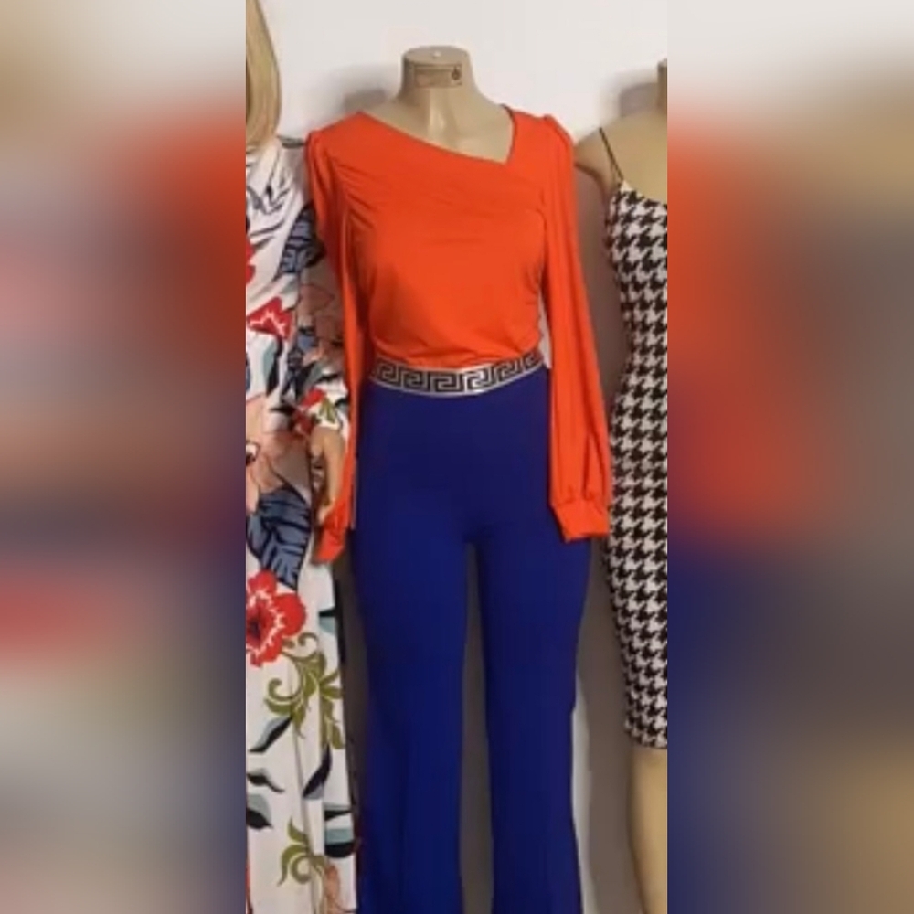 Women's Orange Long Sleeve Asymmetric Neck Top
